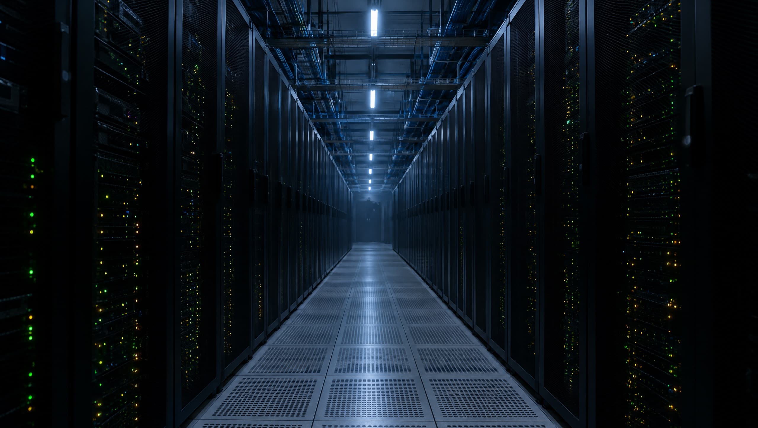 Empty cold aisle of a running data center at night.